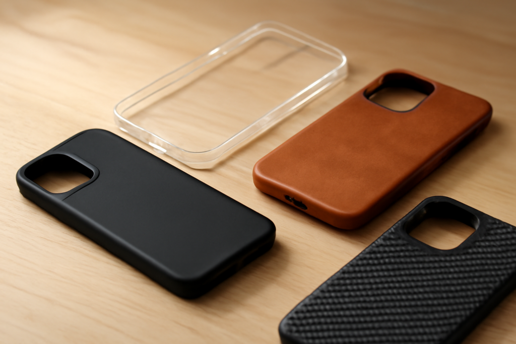 Tujuh bahan case HP dengan tekstur berbeda ditata di atas meja kayu