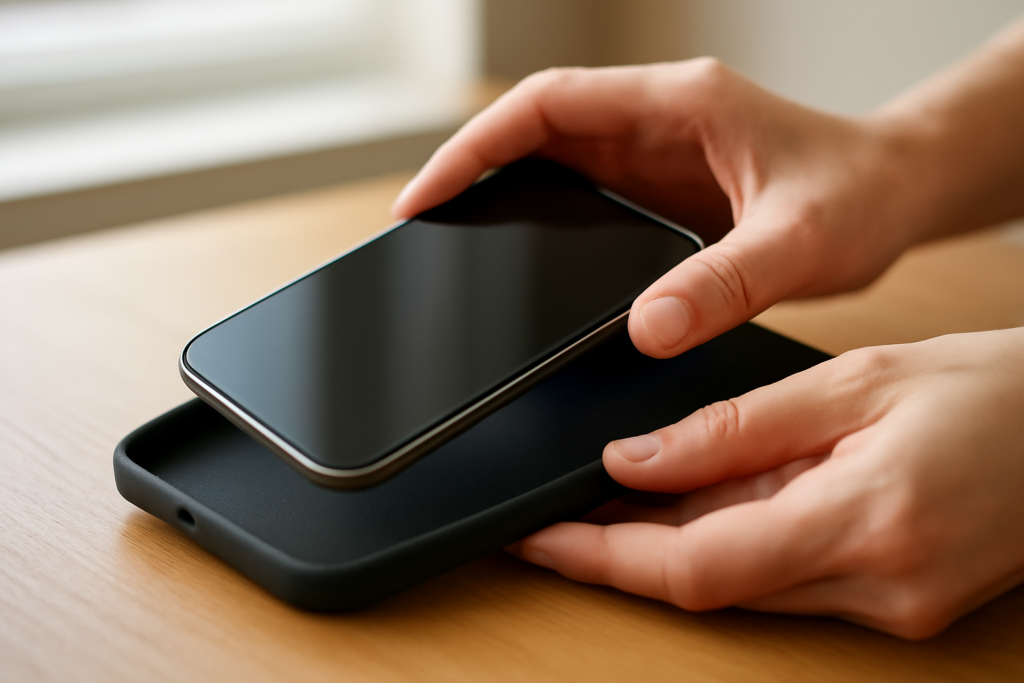 Tangan sedang memasang case pelindung pada smartphone di atas meja kayu