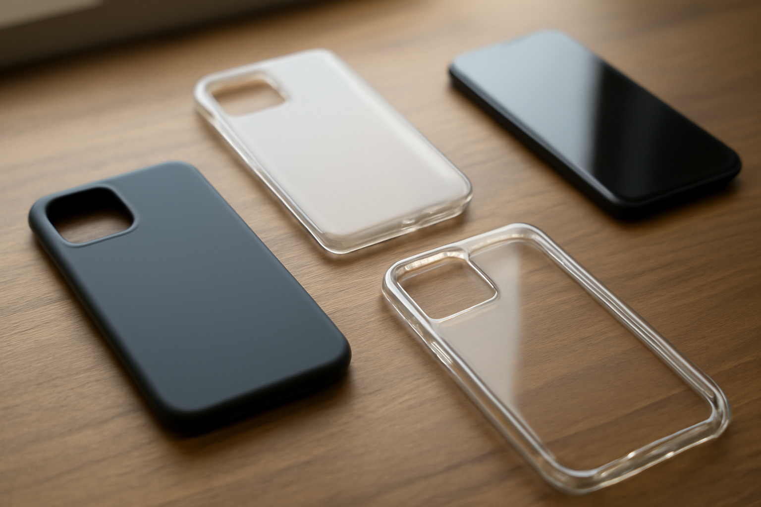 Berbagai jenis case HP dari bahan silikon, TPU bening, dan polikarbonat di atas meja kayu