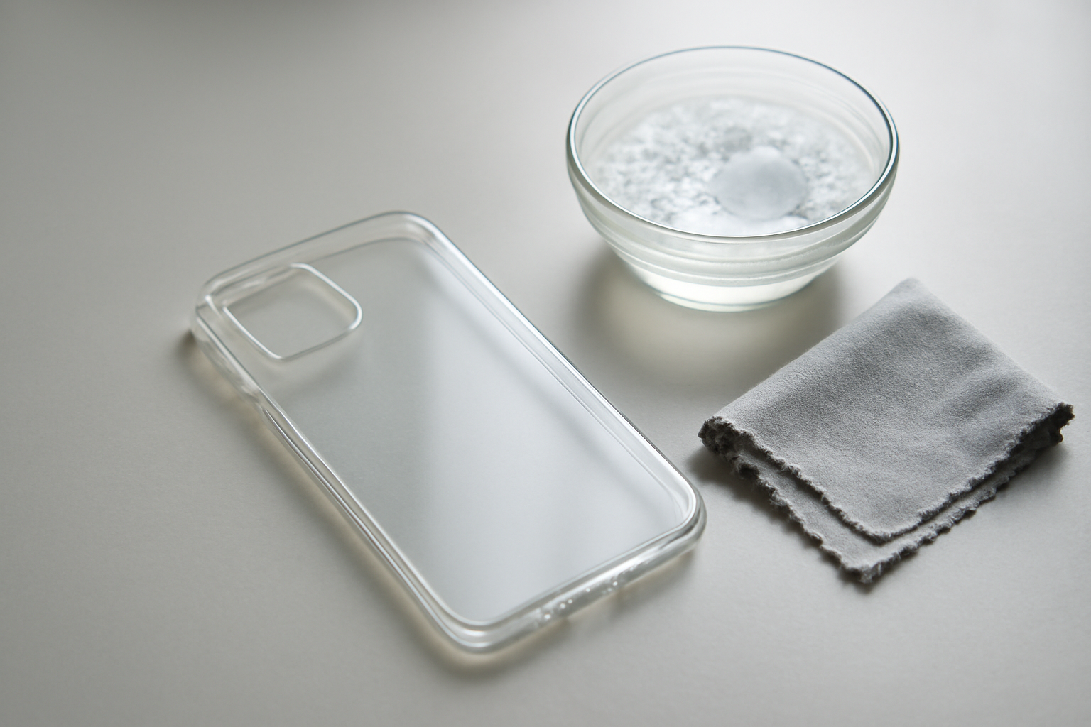 Case HP bening yang sedang dibersihkan dengan kain mikrofiber di atas meja