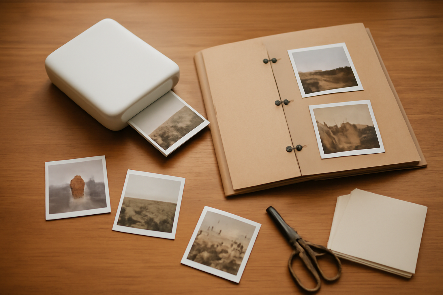 Printer foto mini dan hasil cetak berukuran kecil ditata di meja kayu bersama album scrapbook, gunting, dan double tape