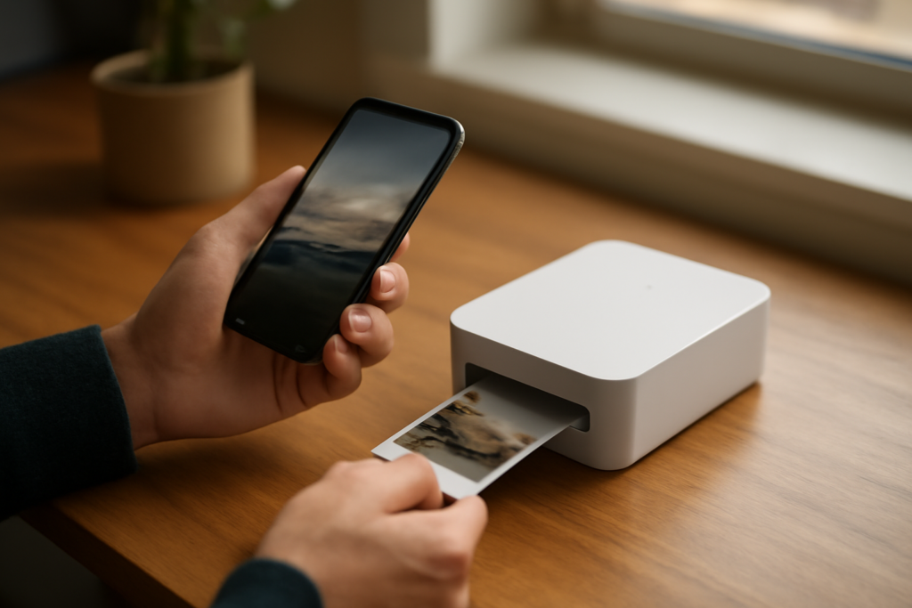 Seseorang menghubungkan ponsel ke printer foto mini di atas meja kayu untuk mencetak gambar
